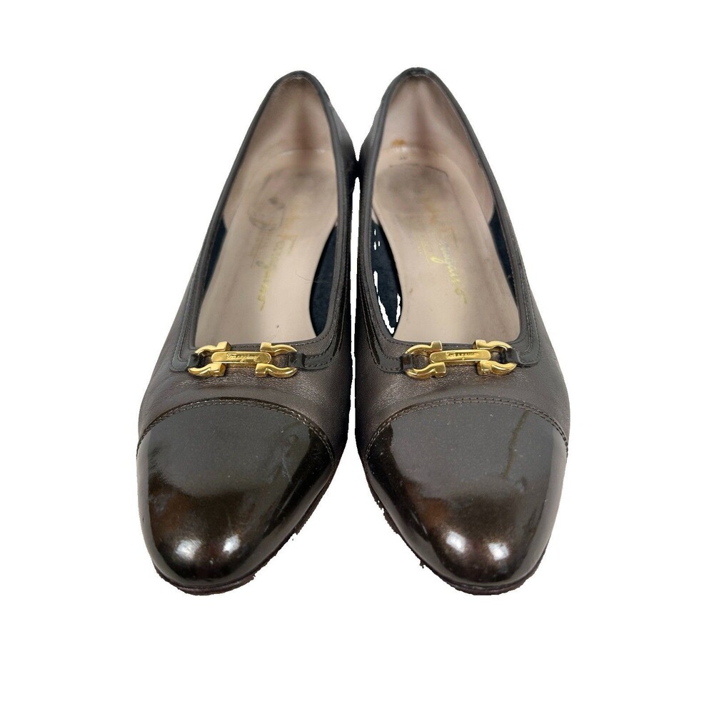 Salvatore Ferragamo heels Womens 7 1/2 B horsebit bronze leather Gancini cap toe